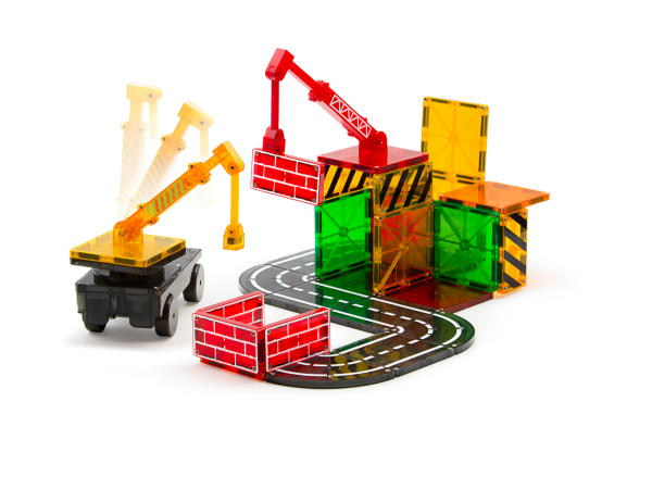 Zestaw MAGNA-TILES Builder 32 elementy – kolorowe płytki magnetyczne i dźwig.