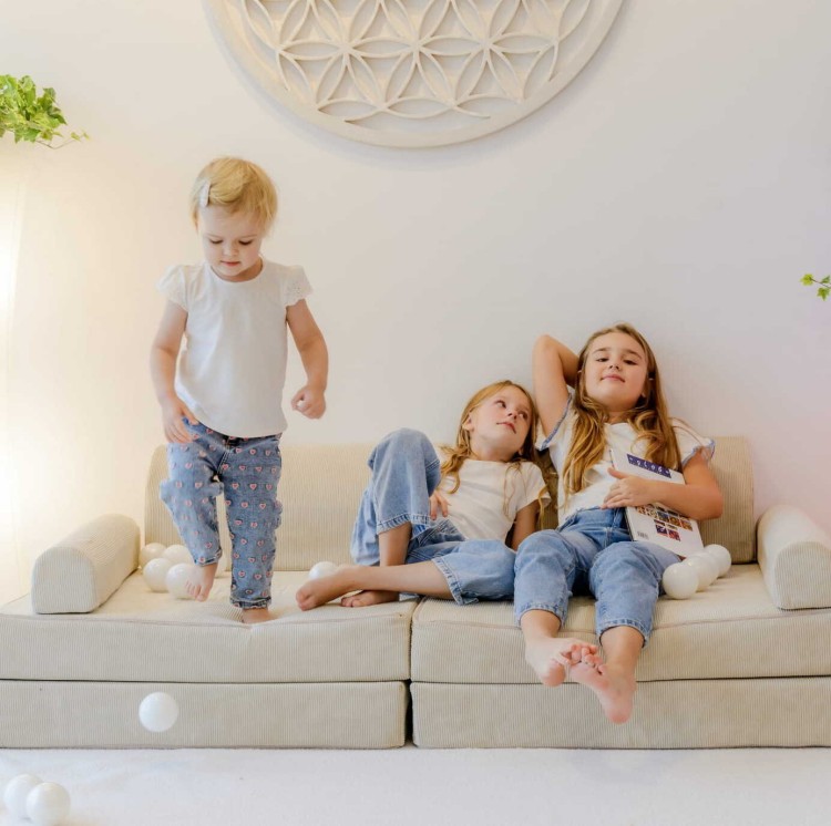 Sztruksowa sofa dziecięca MeowBaby® Premium Beżowa – modułowa i rozkładana