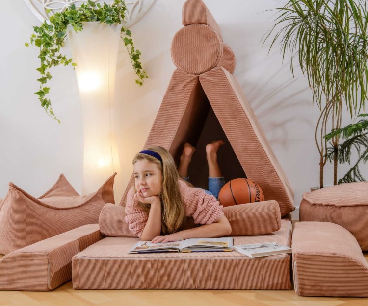 Sztruksowa sofa dziecięca MeowBaby® Premium Ceglana – modułowa i rozkładana