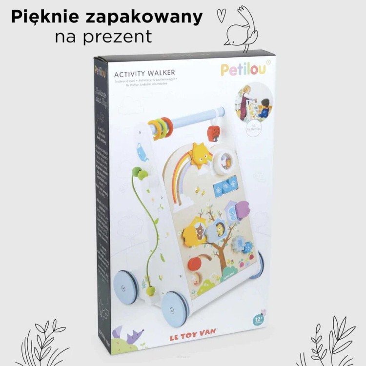 Drewniany chodzik edukacyjny z ręcznie malowanymi elementami bezpiecznymi dla dzieci.