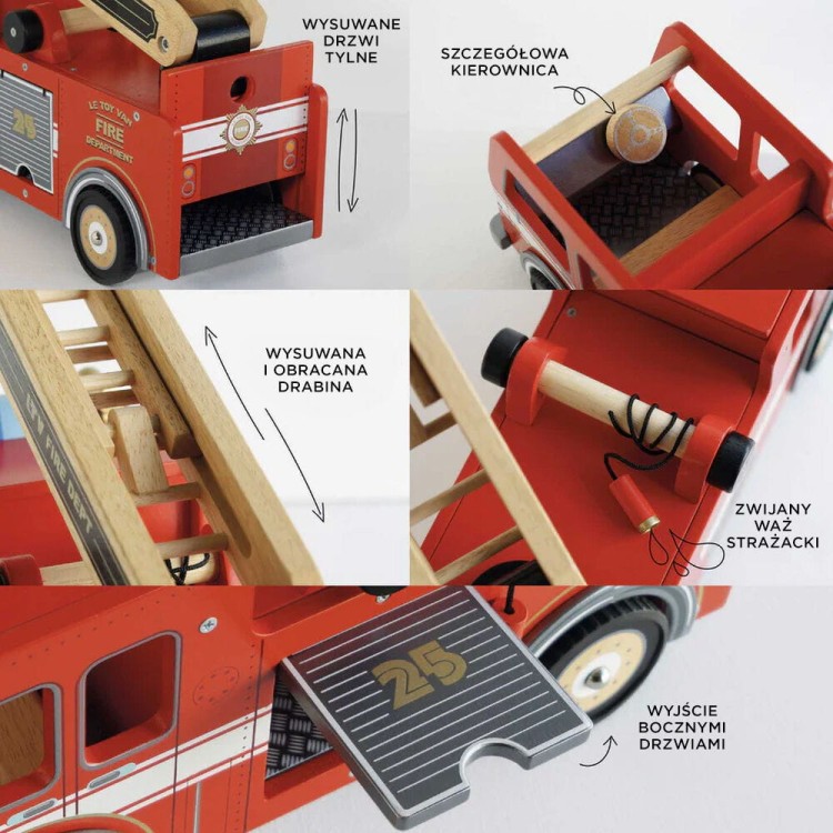 Czerwony drewniany wóz strażacki Le Toy Van z otwieranym dachem i drzwiami