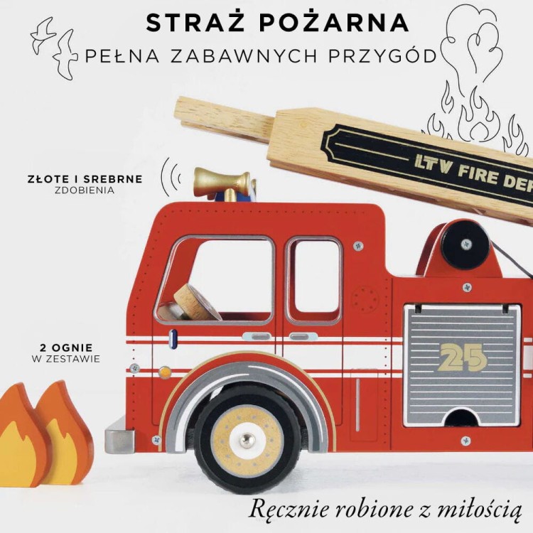 Zabawka edukacyjna – drewniany wóz strażacki z akcesoriami do odgrywania ról
