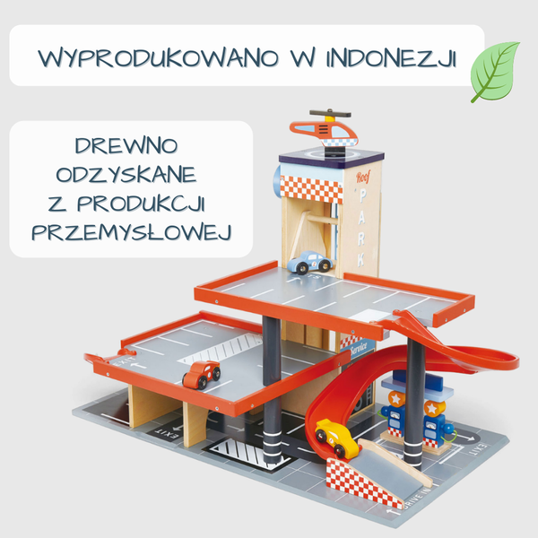 drewniany garaż z samochodami i helikopterem