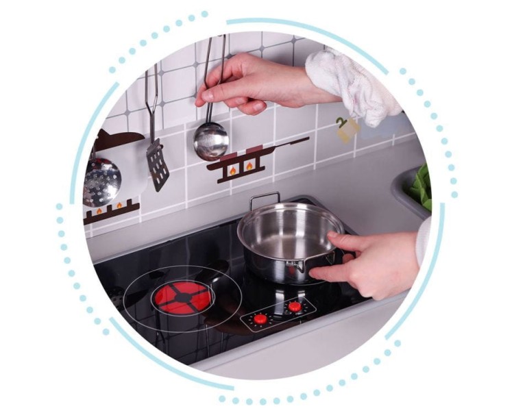 Drewniana kuchnia dla dzieci dźwięki LED piekarnik pralka akcesoria kuchenne