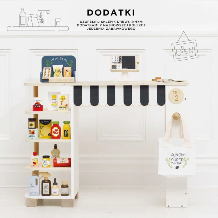 Drewniany supermarket z półkami i akcesoriami – bez plastiku, bezpieczny dla dzieci