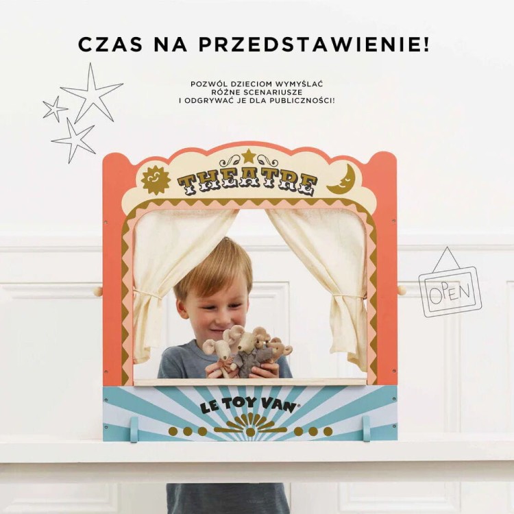 Drewniany teatr dla lalek – pacynki, odgrywanie ról, zabawka edukacyjna