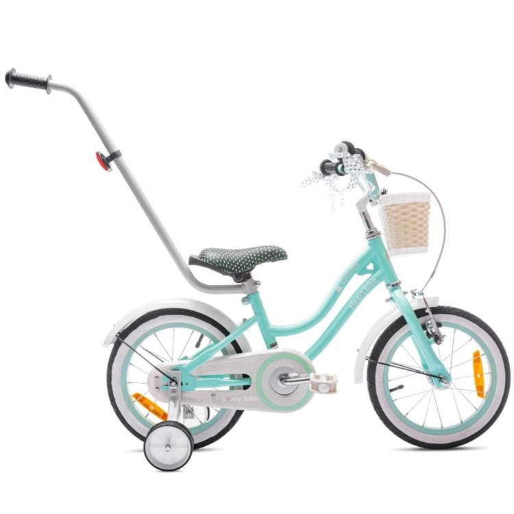 Miętowy rowerek dla dziewczynki Heart Bike 14 cali z bocznymi kółkami, koszykiem i prowadnikiem dla rodzica.