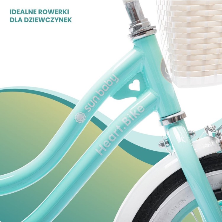 Miętowy rowerek dla dziewczynki Heart Bike 14 cali z bocznymi kółkami, koszykiem i prowadnikiem dla rodzica.