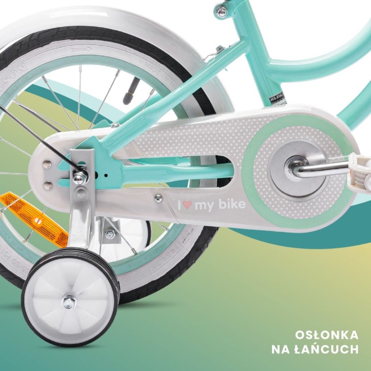 Miętowy rowerek dla dziewczynki Heart Bike 14 cali z bocznymi kółkami, koszykiem i prowadnikiem dla rodzica.