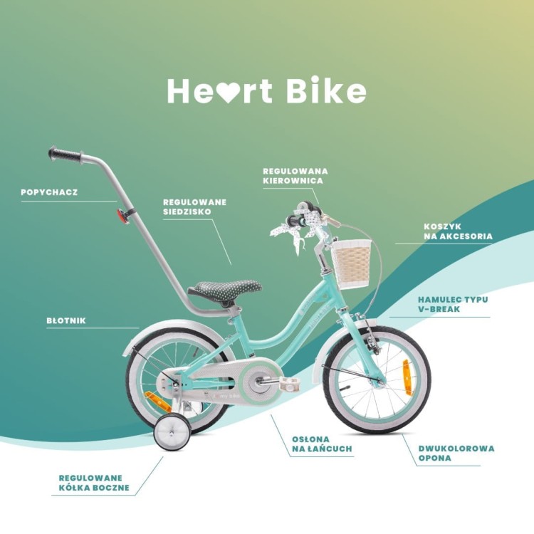 Miętowy rowerek dla dziewczynki Heart Bike 14 cali z bocznymi kółkami, koszykiem i prowadnikiem dla rodzica.
