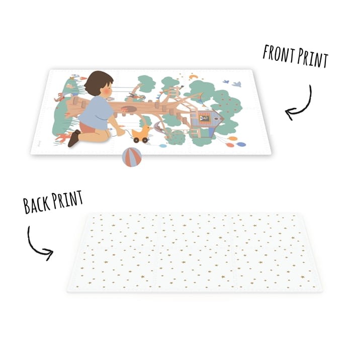 Play&Go Dwustronna Mata Piankowa EEVAA 3w1 Treehouse – mata piankowa dla dzieci z motywem domku na drzewie i neutralnym wzorem, bezpieczna i edukacyjna