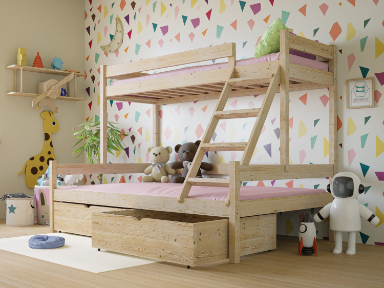 Drewniane Łóżko Piętrowe 3 osobowe dla dzieci Montessori Sara