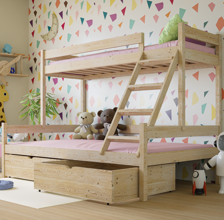 Drewniane Łóżko Piętrowe 3 osobowe dla dzieci Montessori Sara