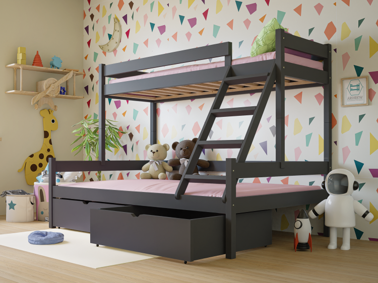Drewniane Łóżko Piętrowe 3 osobowe dla dzieci Montessori Sara grafit