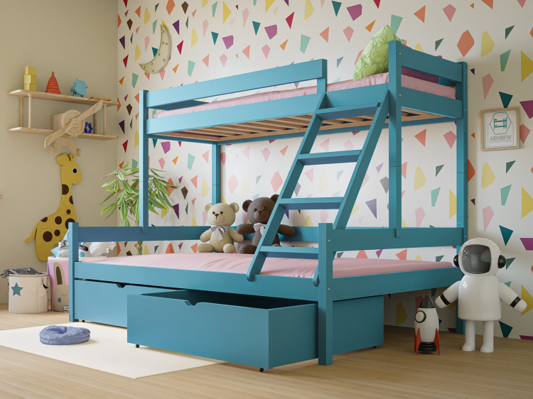Drewniane Łóżko Piętrowe 3 osobowe dla dzieci Montessori Sara jasnoniebieskie