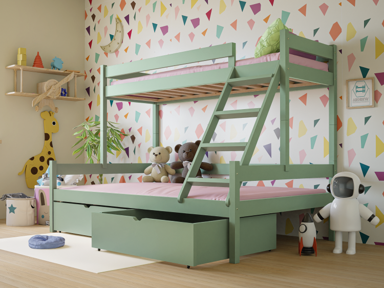 Drewniane Łóżko Piętrowe 3 osobowe dla dzieci Montessori Sara mięta