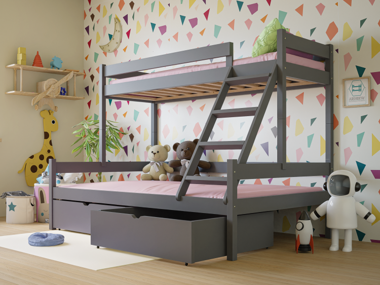 Drewniane Łóżko Piętrowe 3 osobowe dla dzieci Montessori Sara popiel