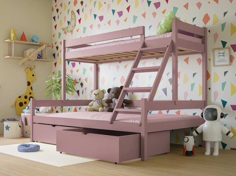 Drewniane Łóżko Piętrowe 3 osobowe dla dzieci Montessori Sara róż