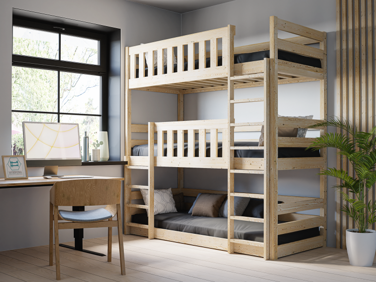 Drewniane Łóżko Piętrowe 3 osobowe dla dzieci Montessori Jacek