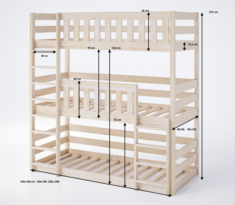 Drewniane Łóżko Piętrowe 3 osobowe dla dzieci Montessori Jacek
