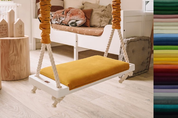 Drewniana pikowana huśtawka dla dzieci Funky Vintage musztarda