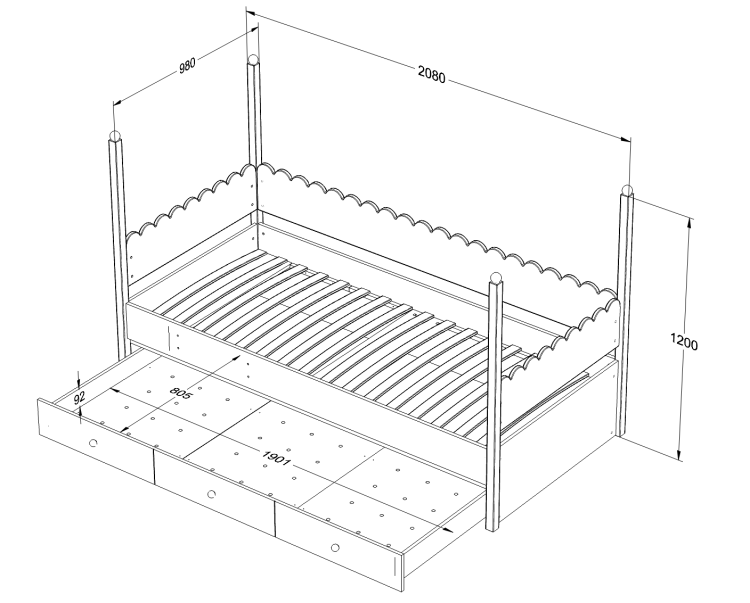 Łóżko drewniane 90x200cm Retro Babushka Oliwka - moduł, część dolna łóżka piętrowego - schemat, wymiary
