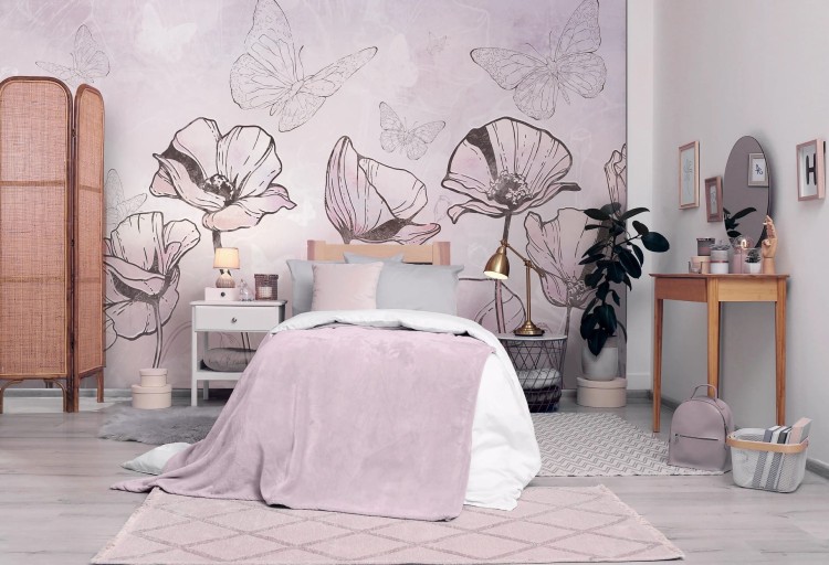 tapeta dla dziecka malumi FLORA KIDS - purple  kwiatki z motylami