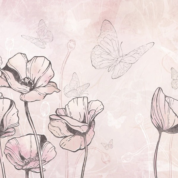tapeta dla dziecka malumi FLORA KIDS - pink motyle z kwiatkami