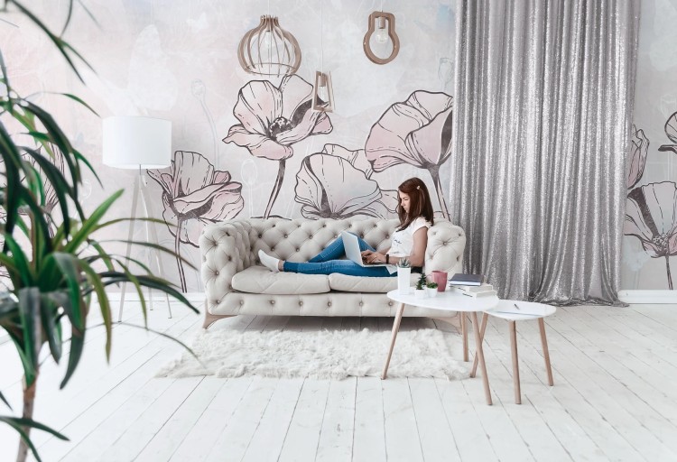 tapeta dla dziecka malumi FLORA KIDS - blue różowe kwiatki