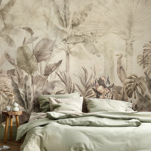 Kolorowa tapeta EXOTIC PARADISE - soft od Malumi z delikatnym roślinnym wzorem, idealna do salonu i sypialni, tworzy przytulną, naturalną atmosferę.