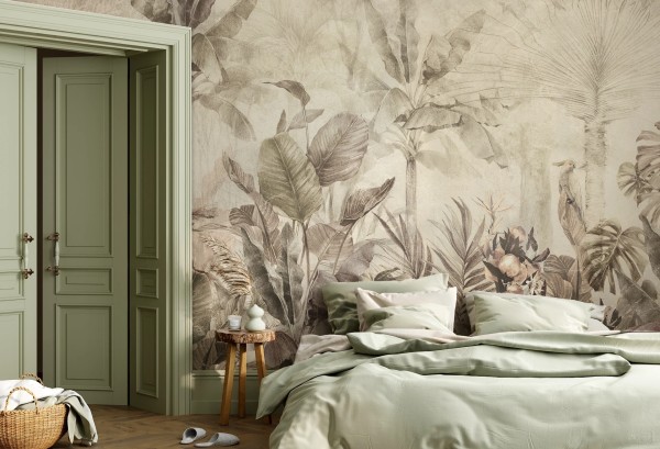 Subtelna tapeta EXOTIC PARADISE - soft z naturalnym motywem roślinnym, łatwa w montażu i pielęgnacji, doskonała do salonu i sypialni.