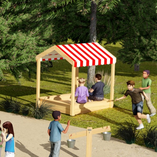 Drewniana piaskownica CLASSIC WORLD EDU z daszkiem w ogrodzie