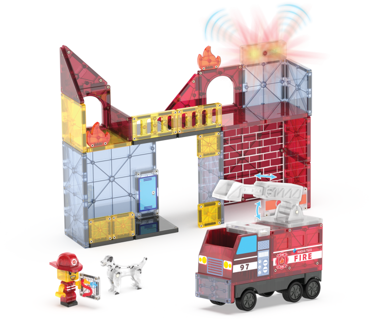 MAGNA-TILES® Klocki Magnetyczne Remiza Strażacka 50 elementów, zabawka dla dzieci od 3 lat