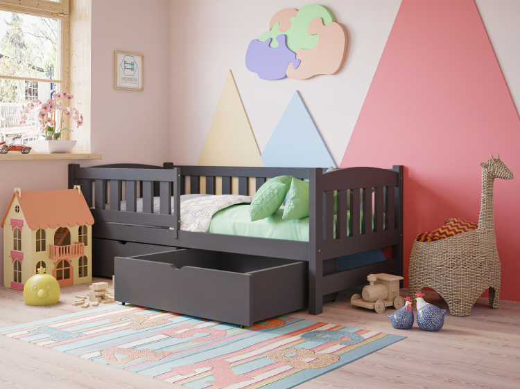 Drewniane łóżko dziecięce ANIA z barierką ochronną grafitowe