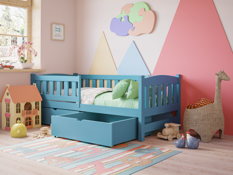 Drewniane łóżko dziecięce ANIA z barierką ochronną jasnoniebieskie