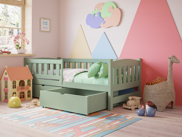 Drewniane łóżko dziecięce ANIA z barierką ochronną miętowe