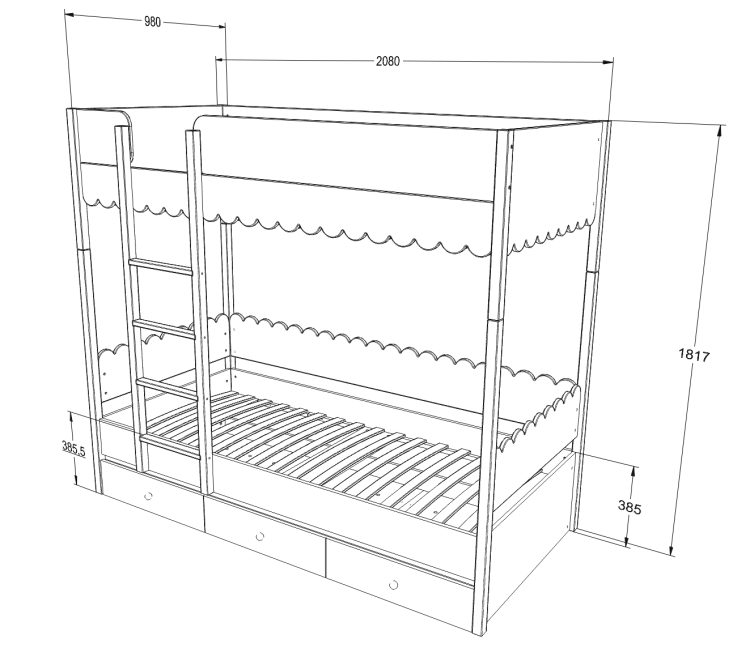wymiary Łóżko piętrowe dla dzieci 90x200 cm Babushka Białe