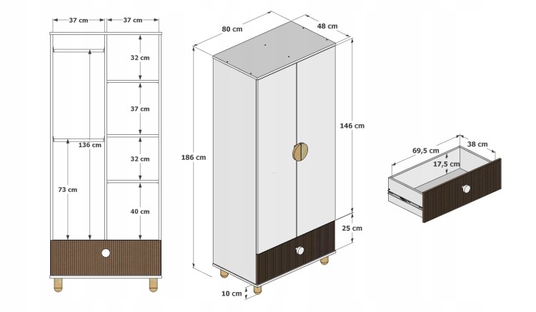 Szafa dwudrzwiowa LOFT z szufladą – Garderoba 186 cm - Biała