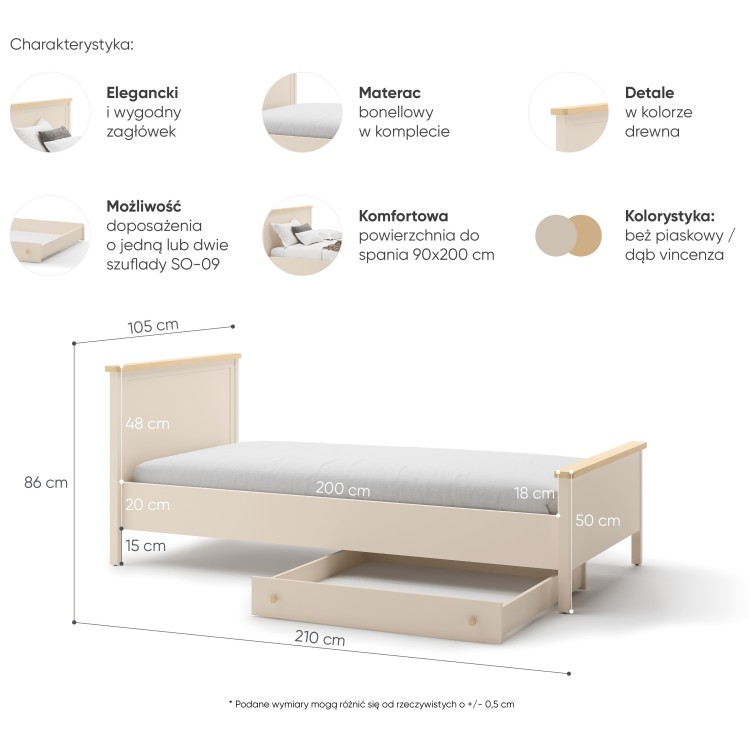 Drewniane łóżko do pokoju dziecka Story 90x200 cm w kolorze Beż Piaskowy i Dąb Vincenza Bielona, łóżko dziecięce z materacem, solidne i funkcjonalne, naturalne wykończenie