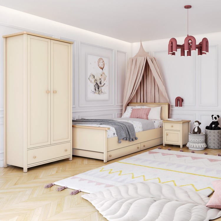 Drewniane łóżko do pokoju dziecka Story 90x200 cm w kolorze Beż Piaskowy i Dąb Vincenza Bielona, łóżko dziecięce z materacem, solidne i funkcjonalne, naturalne wykończenie