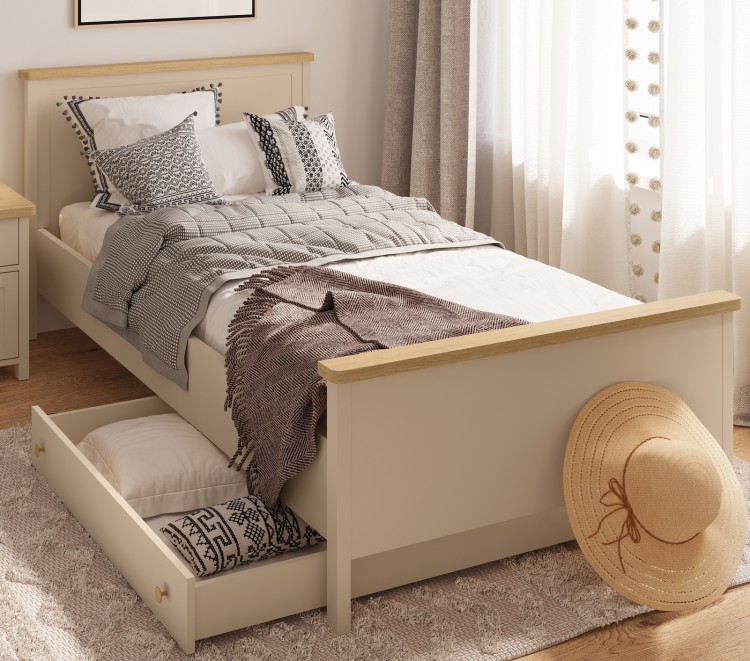 Drewniane łóżko do pokoju dziecka Story 90x200 cm w kolorze Beż Piaskowy i Dąb Vincenza Bielona, łóżko dziecięce z materacem, solidne i funkcjonalne, naturalne wykończenie