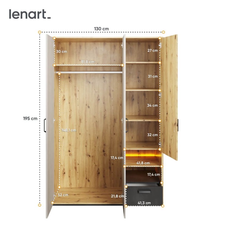 Szafa Qubic QB‑02 – pojemna, trzydrzwiowa szafa z oświetleniem LED - wymiary