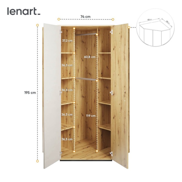 Szafa narożna Qubic QB‑01 – compact, dwóch drążków i osiem półek - wymiary