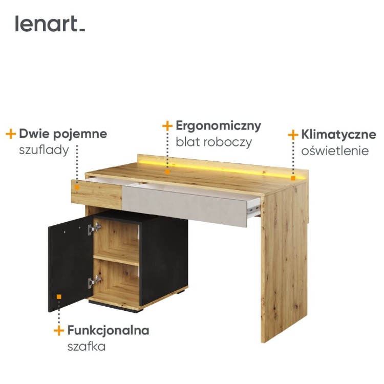 Biurko Qubic QB‑08 – nowoczesne i ergonomiczne biurko z LED, szufladami i szafką
