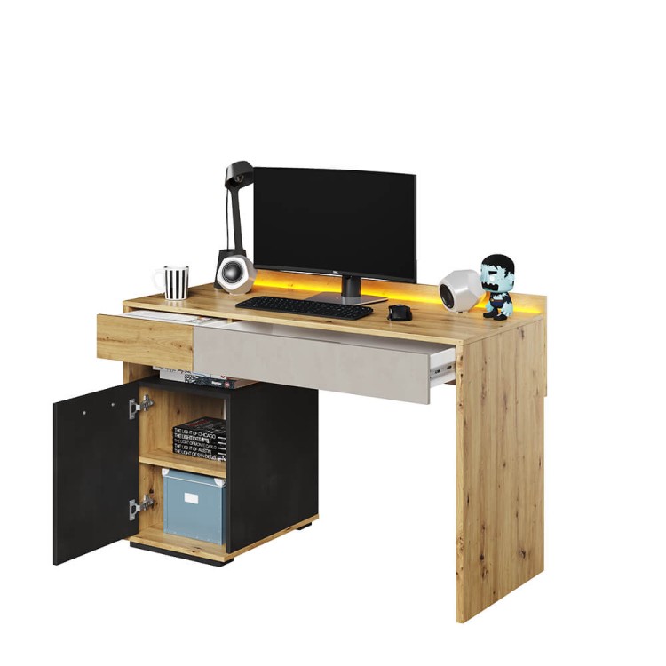 Biurko Qubic QB‑08 – nowoczesne i ergonomiczne biurko z LED, szufladami i szafką