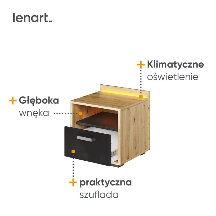 Stolik nocny Qubic QB‑10 – kompaktowy mebel z LED, jedną szufladą i wnęką