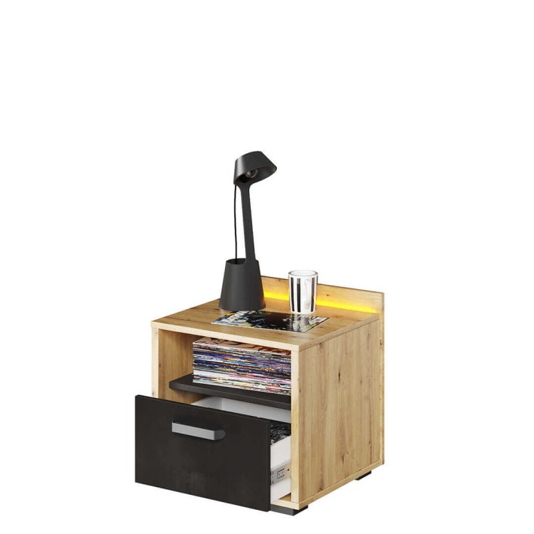 Stolik nocny Qubic QB‑10 – kompaktowy mebel z LED, jedną szufladą i wnęką