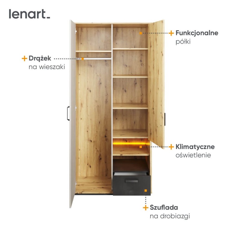 Szafa Qubic QB‑03 – nowoczesna, dwudrzwiowa szafa z drążkiem, szufladą i LED