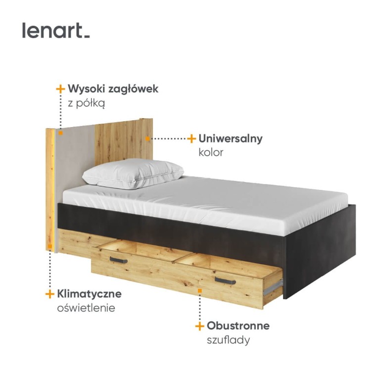 Łóżko Qubic QB‑11 120cm – szerokie, jednoosobowe łóżko z oświetleniem LED i pojemnikiem na pościel