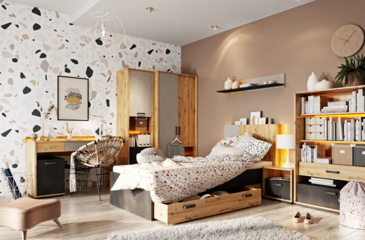 Szafa Qubic QB‑03 – nowoczesna, dwudrzwiowa szafa z drążkiem, szufladą i LED - aranżacja